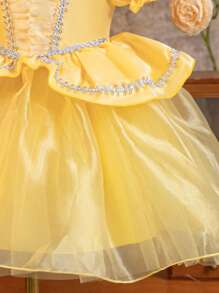 SHEIN Glamorique Kids Princess Dress, Birthday Party Wedding Holiday Ceremony Dress, Baby Girls Yellow Puff Sleeve Tulle Dress With Beading, Suitable For Stage Performance, Middle East & Europe Style, Formal Ball Gown, Satin Material With Silver Ribbons, All Season