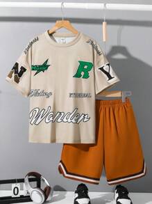 兒童青少年男孩字母休閒運動圓領圖案短袖T恤與短褲兩件套 - 彩色 - 查看 3