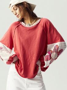 Bohemela BOHO Women's Casual Solid Color Knit Patchwork Lantern Sleeve Colorful Floral Embroidery Round Neck Loose T-Shirt - Pink - View 5