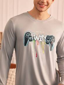 Men's Christmas Round Neck Long Sleeve Printed Simple Shirt And Pants Pajama Set - Grey - View 4