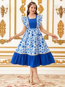 SHEIN Leap Crew Elegant Patchwork Mini Ditsy Floral Decor Flared Dress With Cap Sleeves For Teen Girls, Blue - Navy Blue - View 3