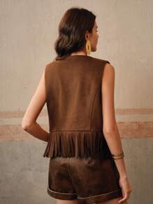 Anewsta Women's Embroidered Fringed Suede Vest, Suitable For Spring And Autumn - Burgundy - View 5