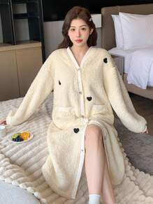 DAZY Minimalist Texture Flannel Heart Embroidered Open Front Robe, Winter Pajama - Beige - View 6