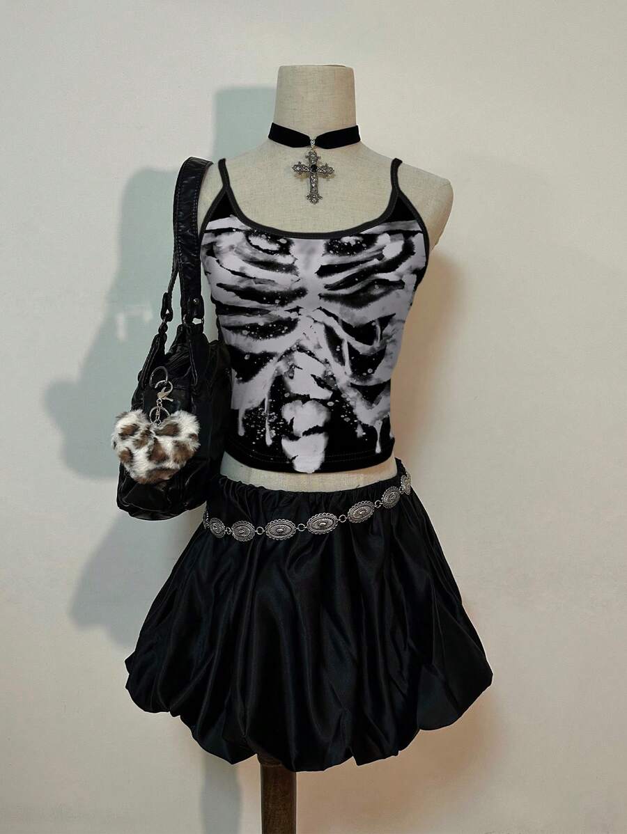 Attitoon Vintage Street Melting Skull Ink Print Graphic Women Sexy Slim Fit Camisole Tank Top, Summer Wear Back To School