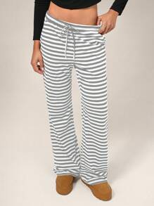 Forever 21 秋冬款松紧腰抽绳宽松休闲居家长款条纹针织裤 - 灰色 - 查看 3