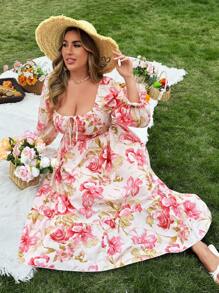 Flirla 甜美灯笼袖方领前束腰系带 A 字形荷叶边下摆花卉印花连衣裙，优雅