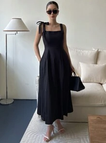 DAZY 女士不对称吊带中长连衣裙搭配喇叭形太阳裙 - 黑色 - 查看 3