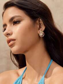 SHEIN BAE 海豚水晶钻与仿珍珠优雅简约休闲耳环 - 彩色 - 查看 4