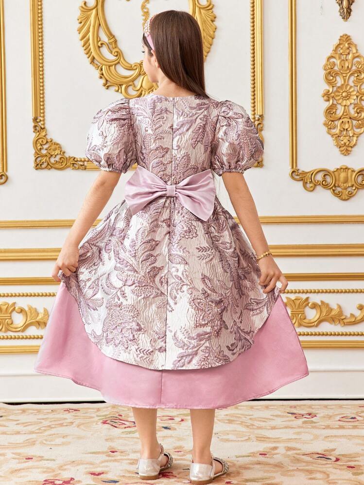 SHEIN Tween-Mädchen Elegantes Brokat-Patchwork-A-Linien-Kleid mit Blumenmuster, Taillenbund mit 3D-Schleifenakzent, Party- und Prinzessinnenkleid mit Puffärmeln - Schwarz und Weiss - Übersicht 2