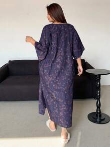 Dazy Petite Plus 碎花V领中长款睡袍，紫色，四季睡衣 - 紫色 - 查看 2