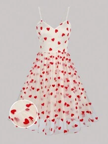 SHEIN Clasi Plus Size Valentine's Day Heart Net Mesh A-Line Casual Slip Dress - White - View 1