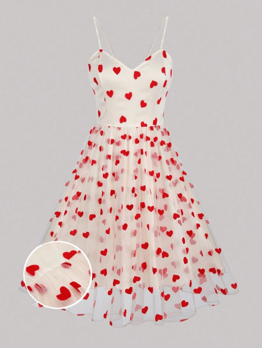 SHEIN Clasi Plus Size Valentine's Day Heart Net Mesh A-Line Casual Slip Dress - White - View 1