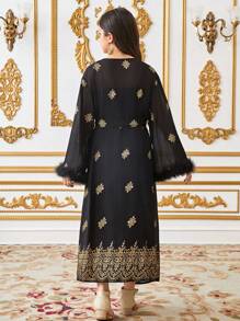 SHEIN 2pcs/Set Tween Girls Foil Print Sleeveless Dress With Belt, Ramadan Outfit - Black - View 2