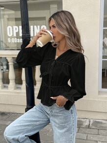 Serisse 女士纯色系带长袖休闲衬衫，日常穿着 - 黑色 - 查看 6