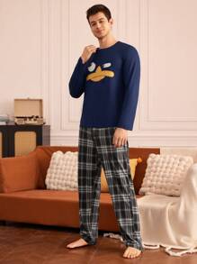 Happy Jammies Camiseta de pijama casual simple de cuello redondo y manga larga estampada para hombres