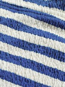 SHEIN Swim Women's Summer Beach Outfit: Textured Blue & White Striped Halter Backless One Piece Swimsuit + Hibiscus Hair Clip - Blue and White - View 5