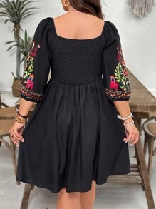 SHEIN VCAY Plus Size Black Heart Neckline Floral & Animal Retro Print A-Line Mini Dress, Boho Casual Resort Vacation Dress, Valentine,Beach Dress Sundress,Holiday Outfits