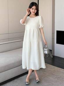 DAZY Women Textured Puffy Sleeve Loose Mid-Length Dress,Ruffle - White - View 7