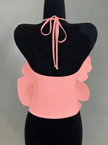 SHEIN Unity 标准尺寸女式系带挂脖白色花卉装饰罗纹修身背心 - 粉色 - 查看 2