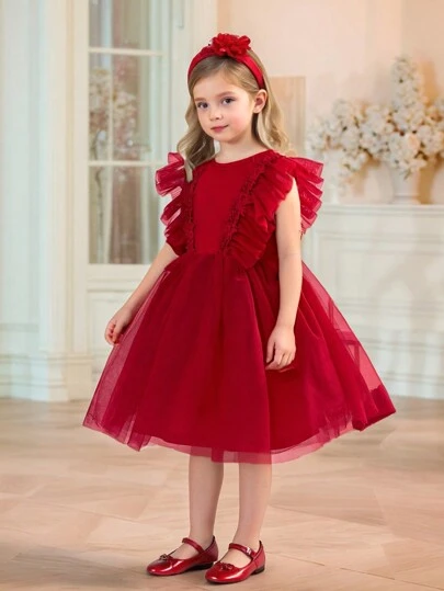 SHEIN Elegante abito senza maniche con arricciature in rete color vino rosso, adatto per San Valentino