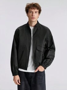 Ontre 秋季男士纯色长袖前拉链休闲棒球夹克 - 黑色 - 查看 1