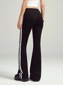 LYSMO Women's Side Stripe Elastic Waist Flare Leg Casual Pants, Versatile - Black and White - View 2