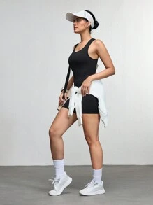 Mono informal de color liso con pantalones cortos incorporados para mujer - Negro - Ver 3