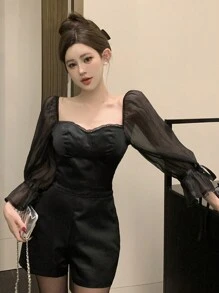 DAZY 两件套女士蕾丝网纱撞色钢圈上衣和短裤内衣套装，修身性感夏季短款女士套装，家居服套装，女士短款套装 - 黑色 - 查看 4