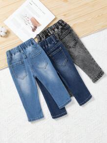 3 件套女婴简约休闲浅蓝色、中蓝色、灰色松紧腰洗水牛仔长裤套装