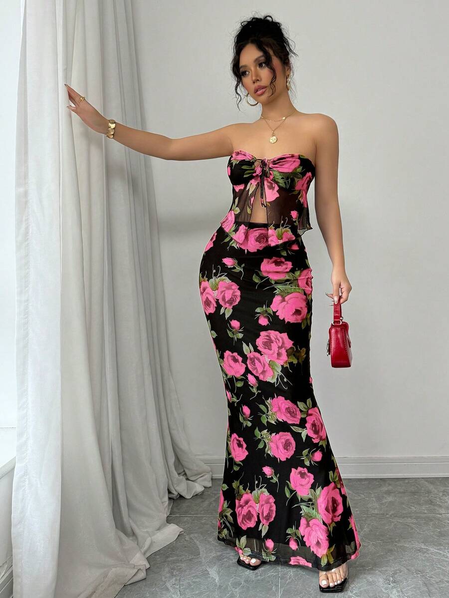Chiquease 2 件套红色和黑色玫瑰印花服装：系带花卉印花吊带背心短款上衣和花卉印花紧身鱼尾中裙，褶皱/荷叶边玫瑰花朵领带蝴蝶结新年派对礼服，适合女士情人节 - 粉色 - 查看 1