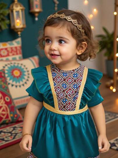 SHEIN 女宝宝春夏编织高端锻造蝴蝶盖袖带图案公主风圆领后摆隐形拉链连衣裙