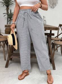 SHEIN VCAY Spodnie w paski z falbaną w talii i prostymi nogawkami w dużych rozmiarach, swobodne spodnie boho - Czarne i Białe - Zobacz 6