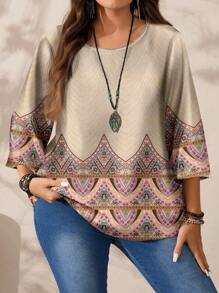 EMERY ROSE Plus Size Women Wide Print Round Neck Loose 3/4 Sleeve Shirt, Suitable For Autumn/Winter