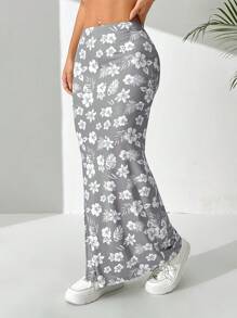 SHEIN EZwear Váy bó sát hở gấu in họa tiết hoa toàn thân cho nữ, thường ngày & đi nghỉ - Xám - Xem 5