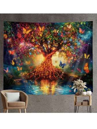 1 pieza Tapiz decorativo de pared con diseño del árbol de la vida en estilo bohemio, para decoración de habitación, decoración del hogar, decoración de otoño, decoración de otoño, decoración de habitación