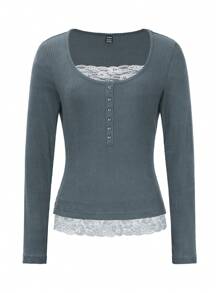 Chiquease Camiseta de cuello redondo de mujer con diseño de empalmado de encaje y terciopelo acanalado marrón, diseño de falso 2 piezas, para otoño/invierno