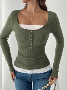 Pariaura Camiseta marrón de mujer con cuello redondo, parches de encaje y costilla desgastada, 2 en 1, para otoño/invierno - Verde militar - Ver 6