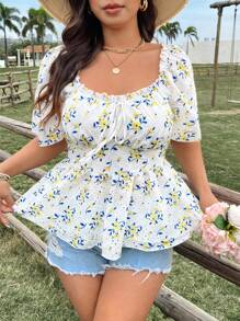 Flirla Plus Size Women's Boho Eyelet Embroidery Floral Print Blouse, For Summer - Multicolor - View 1