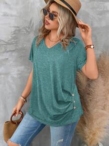 SHEIN Clasi Plus Size V-Neck Short Sleeve Button-Up Casual Top, Everyday Wear - Green - View 1