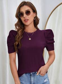 SHEIN Clasi Camiseta rosa de mujer con cuello redondo, manga abullonada y tela texturizada