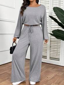 SHEIN Frenchy 1pc Plus Size Women Casual Loose 2 Pieces Set,Fashionable Grey Sports Outfit With Long Sleeve Top & Matching Bottom, Comfortable & Versatile For Daily Wear - Light Grey - View 7