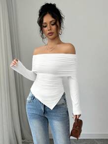 Elenzga 女士优雅露肩大翻领抽绳下摆方领修身 T 恤，春/秋 - 白色 - 查看 7