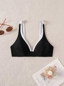SHEIN Swim Springbreak Knit Holiday Party & Outdoor Sexy & Elegant Contrast Color Strap Splice Summer 2pcs Set Solid Color Women Bikini Swimwear - Black - View 4