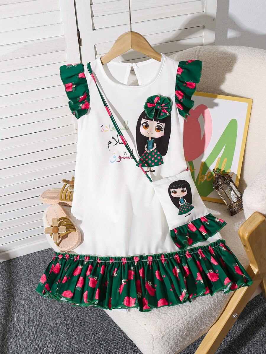 SHEIN Young Girl's White Summer Fairy Family Matching Fashionable Dress - Green - View 1