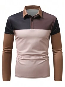 Manfinity Homme Men's Mature Casual INS Featuring A Hot-Selling Earthy Color Contrasting Button Placket Long Sleeve Polo Shirt. This Polo Shirt Showcases A Stylish Design With Earthy Tones And A Comfortable Fabric, Exuding A Sense Of Maturity And Fashion In Casual Tings. It's An Excellent Choice For Both Everyday Wear And Social Occasions.