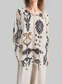 Ontre Áo thun nữ tay lỡ rộng rãi họa tiết hình học thường ngày Boho Bohemian - Màu be - Xem 3