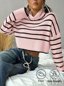 Muchica 女式休闲高领条纹落肩长袖毛衣，秋冬 - 粉色 - 查看 1