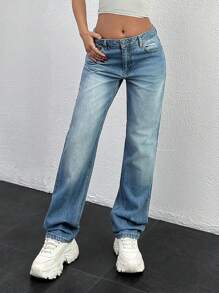 EURMUSE WOMEN STRAIGHT MID WAIST JEANS - Light Wash - View 1