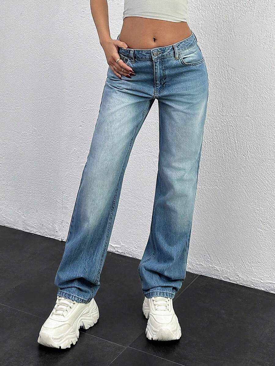 EURMUSE WOMEN STRAIGHT MID WAIST JEANS - Light Wash - View 1