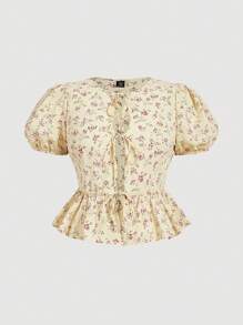 SHEIN MOD 大码圆领泡泡袖前系带黄色碎花衬衫 - 彩色 - 查看 1